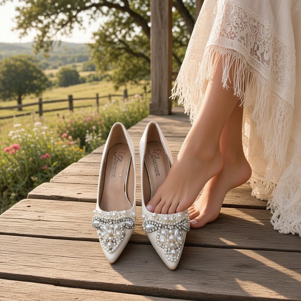 EY Boutique White Satin Pearl & Rhinestone Wedding Pumps Size 8.5